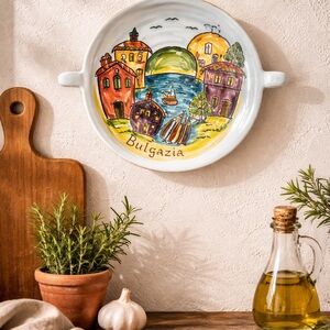 Vintage Bulgarian Pottery Wall Plate Trinket Dish Handmade coastal boho style